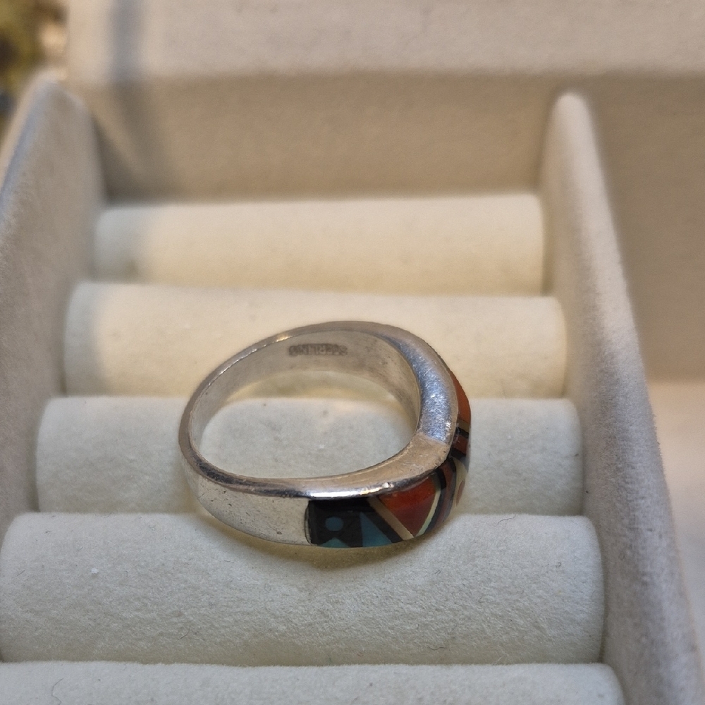 Native American Zuni Artisan Sterling Silver Gemstone Inlay Ring - Picture 6 of 10